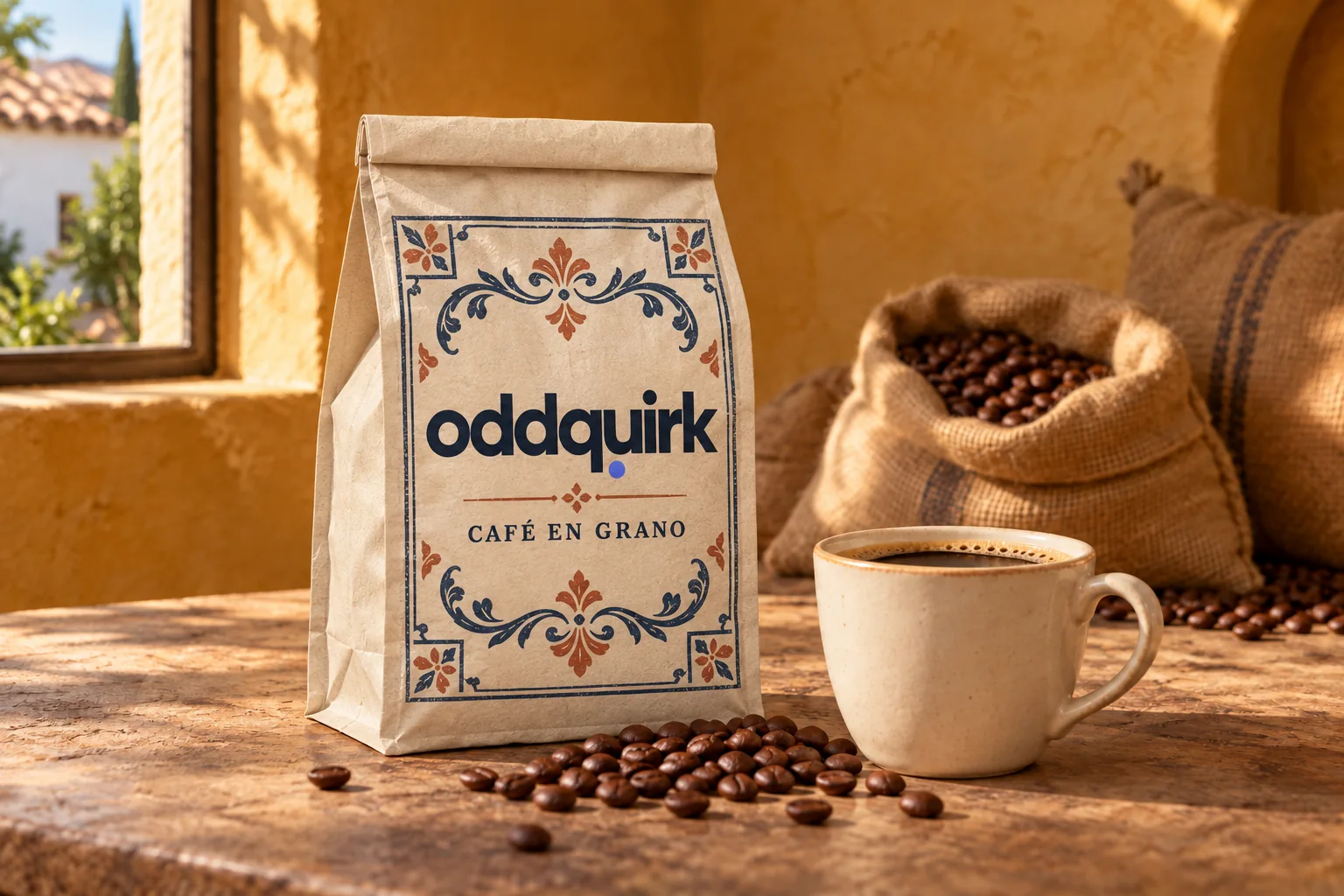 An oddquirk coffee bag and a ceramic cup on a table, with spilled coffee beans, burlap sacks, and warm yellow plaster walls behind them.
